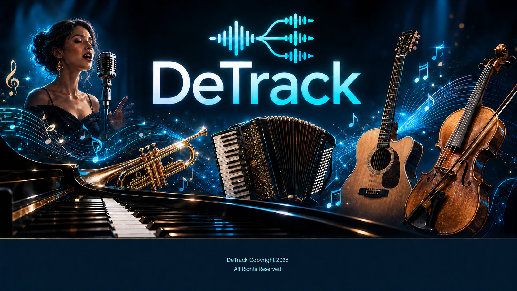 DeTrack with singer, piano, trumpet, accordion, guitar, and cello